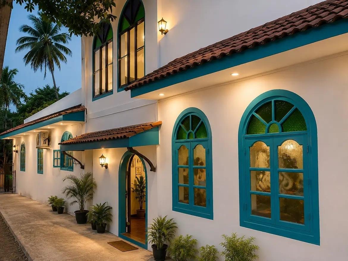 Ozran Wellness — a restored white Goan-Portuguese home with teal arched windows in Parra, Goa