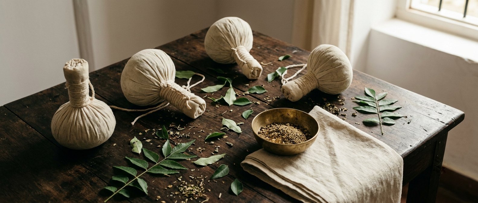 Herbal kizhi bundles, fresh leaves and a brass bowl of powder on a dark wooden table