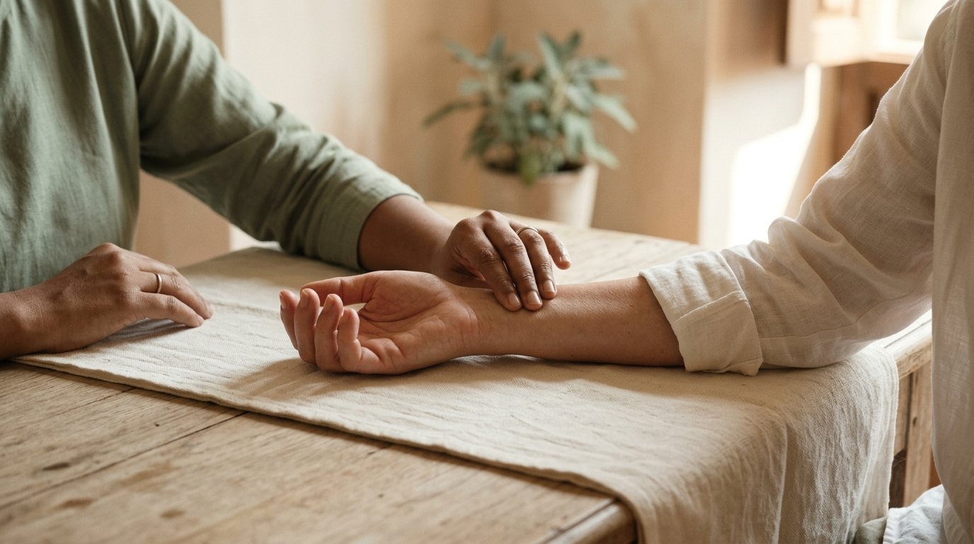 An Ayurvedic physician’s fingers resting on a patient’s wrist, taking the pulse