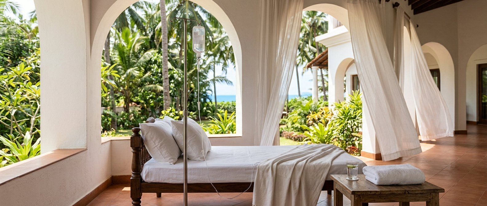 An infusion stand beside a linen daybed on the shaded veranda of a Goan villa