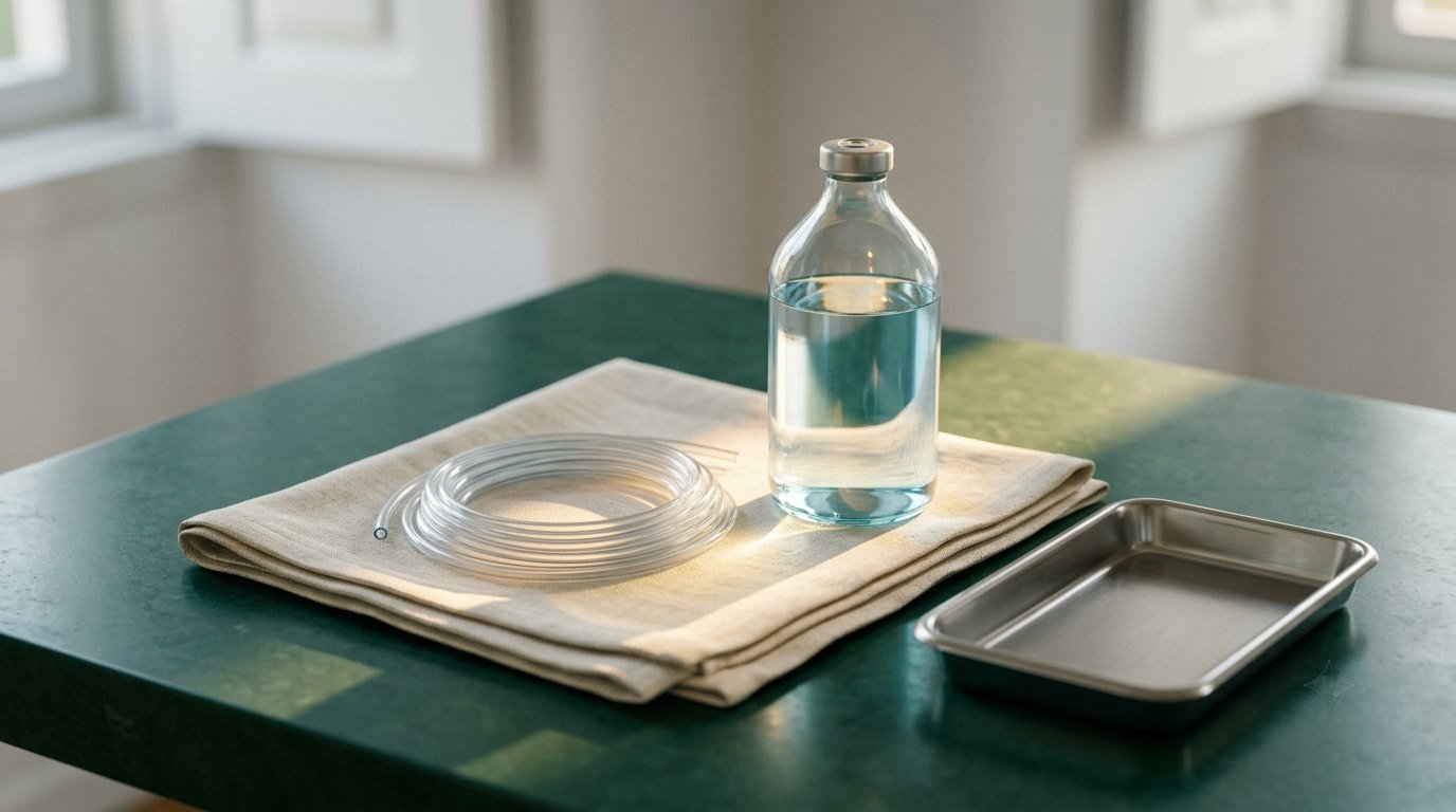 A clear infusion bottle and sterile line on folded cloth beside a steel tray
