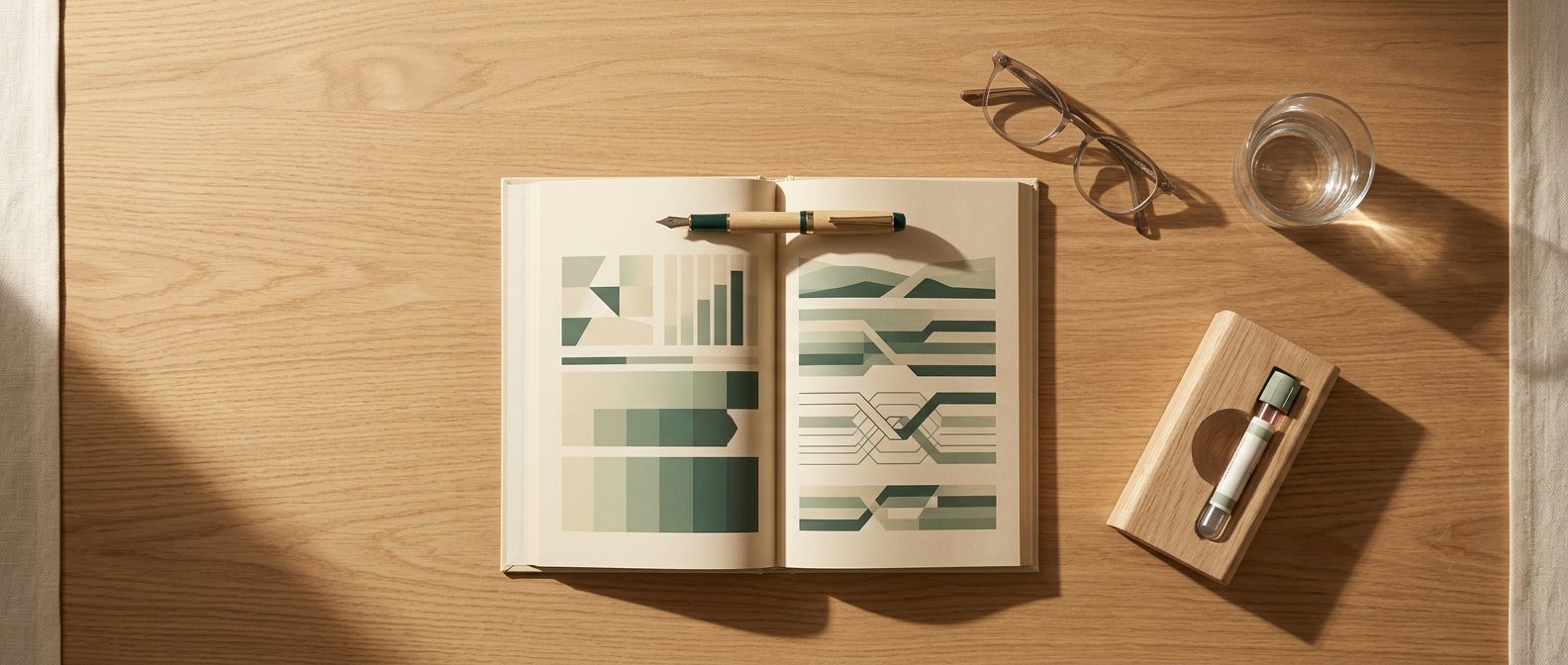 A printed health report, reading glasses and a sample tube on a sunlit oak desk