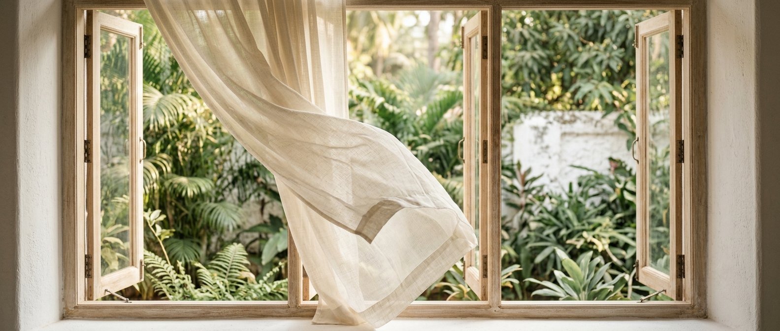 An open window with a linen curtain lifting in the breeze onto sunlit foliage