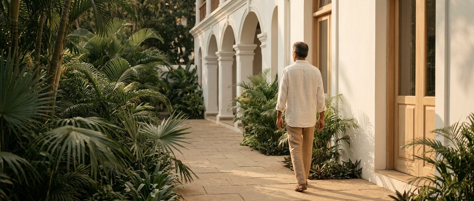 A man walks easily along a sunlit garden path beside the clinic