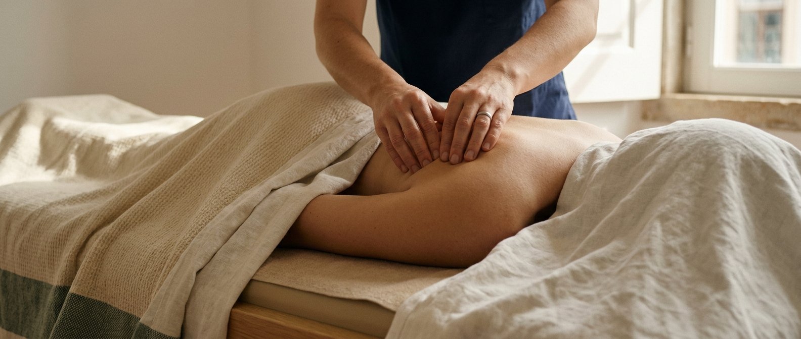 A therapist’s hands working along a patient’s shoulder blade during manual therapy