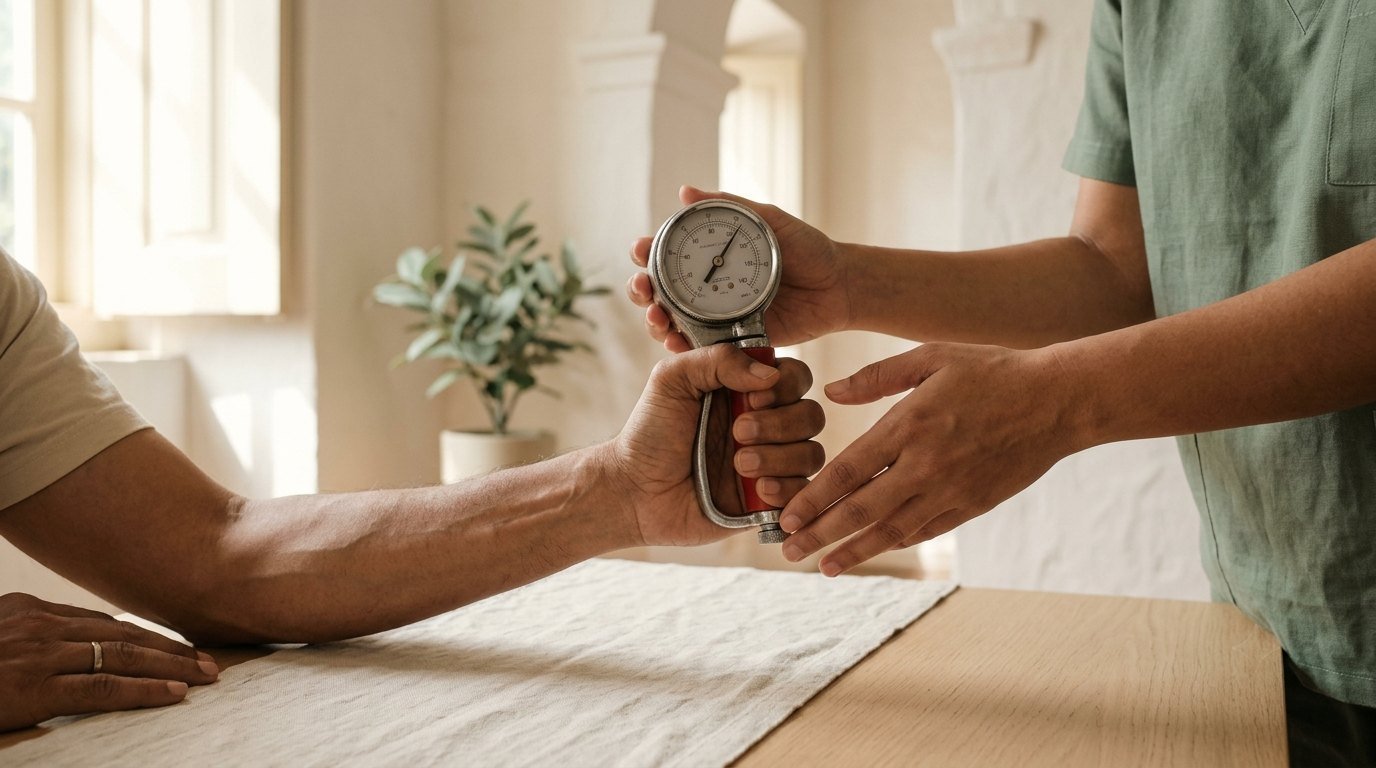 A hand-grip dynamometer being squeezed, seen close up
