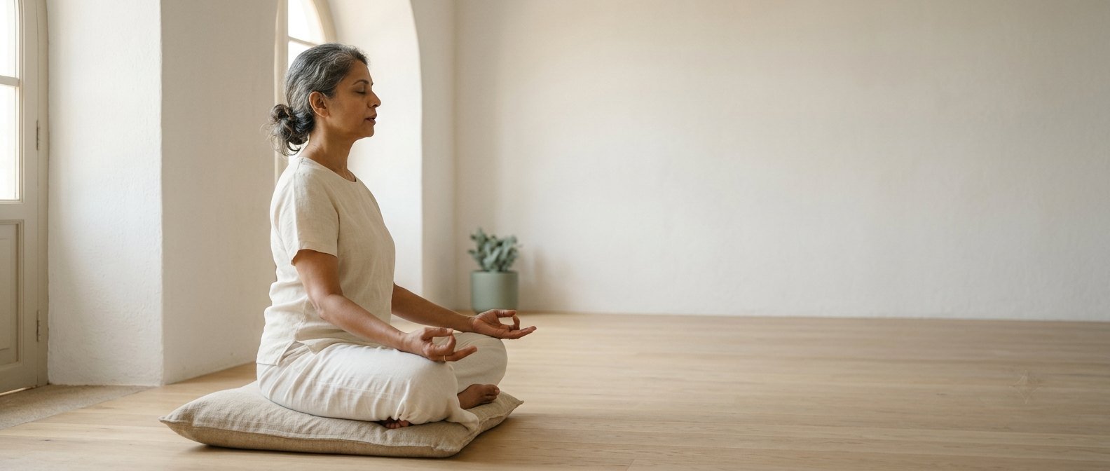A woman seated cross-legged mid-breath during pranayama practice