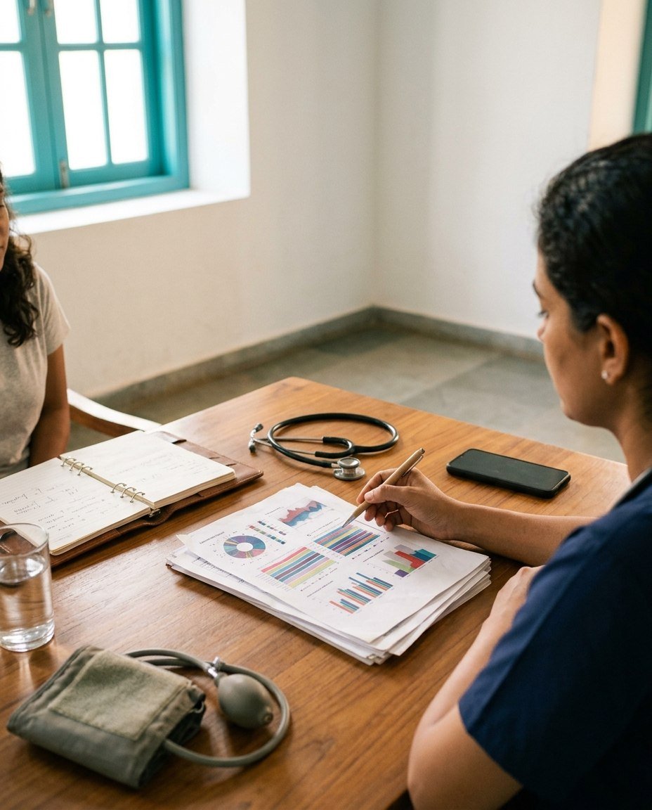 An Ozran physician reviews results with a patient in a garden courtyard