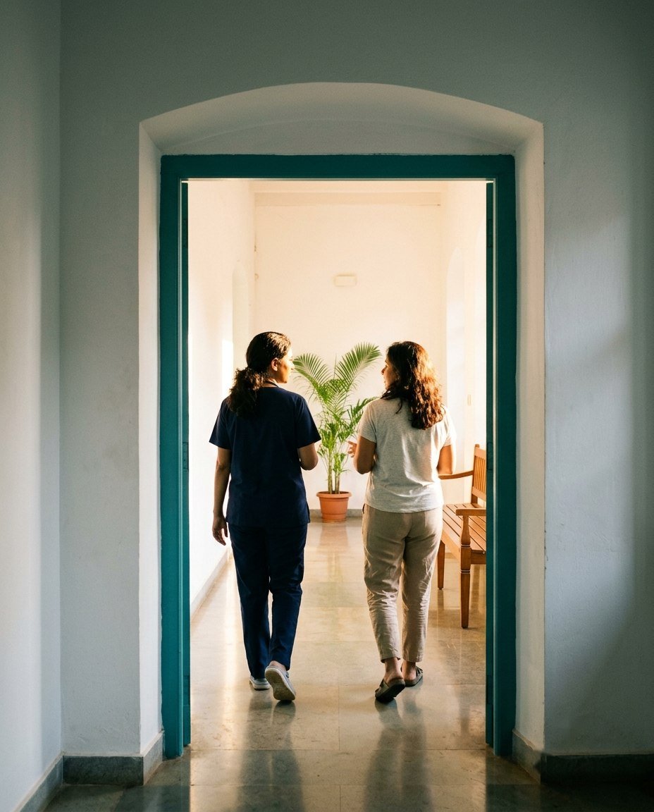 A guest walks through an arched Goan doorway into the Ozran courtyard