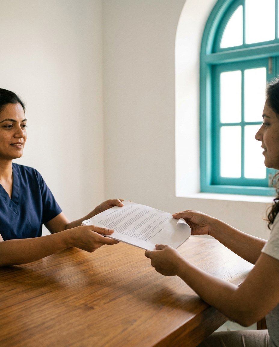 A physician hands a patient their personalised Ozran plan