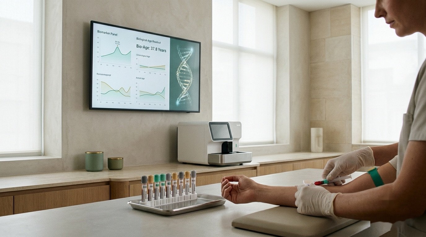 A precision blood draw with biomarker panel and biological-age readout on a wall display