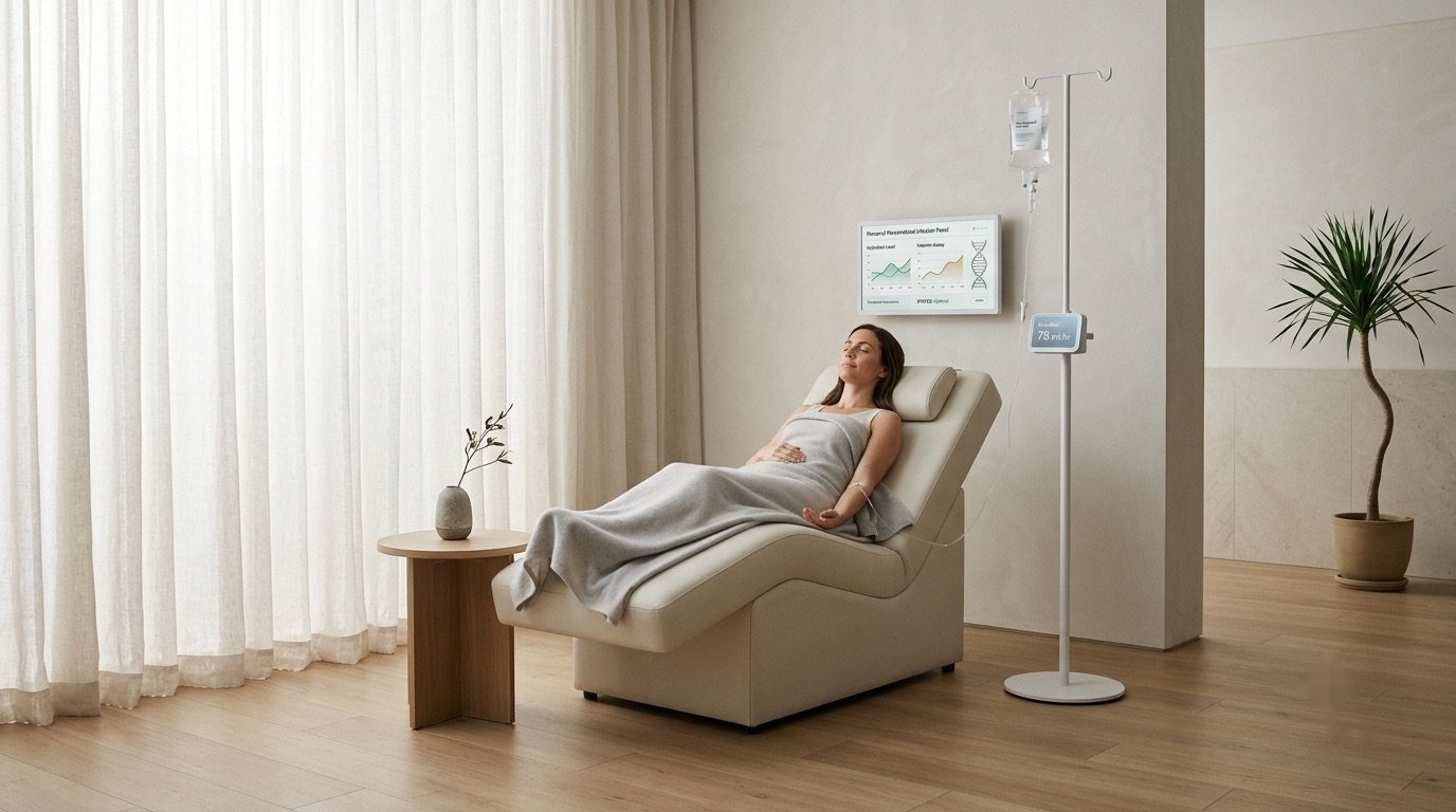 A guest reclining in a serene treatment room with an IV drip and soft natural light