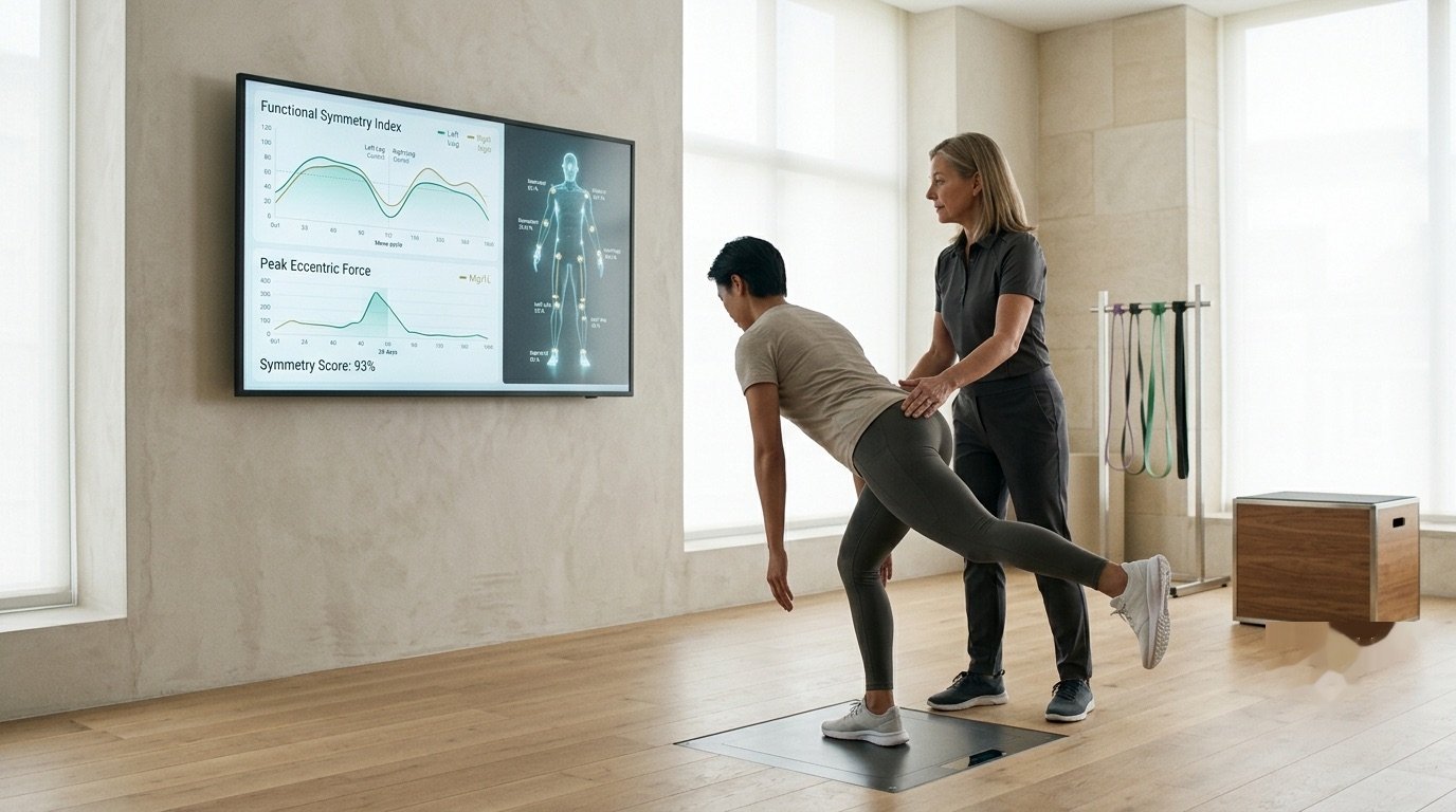 A clinician guides a patient through movement assessment with symmetry and force data on screen