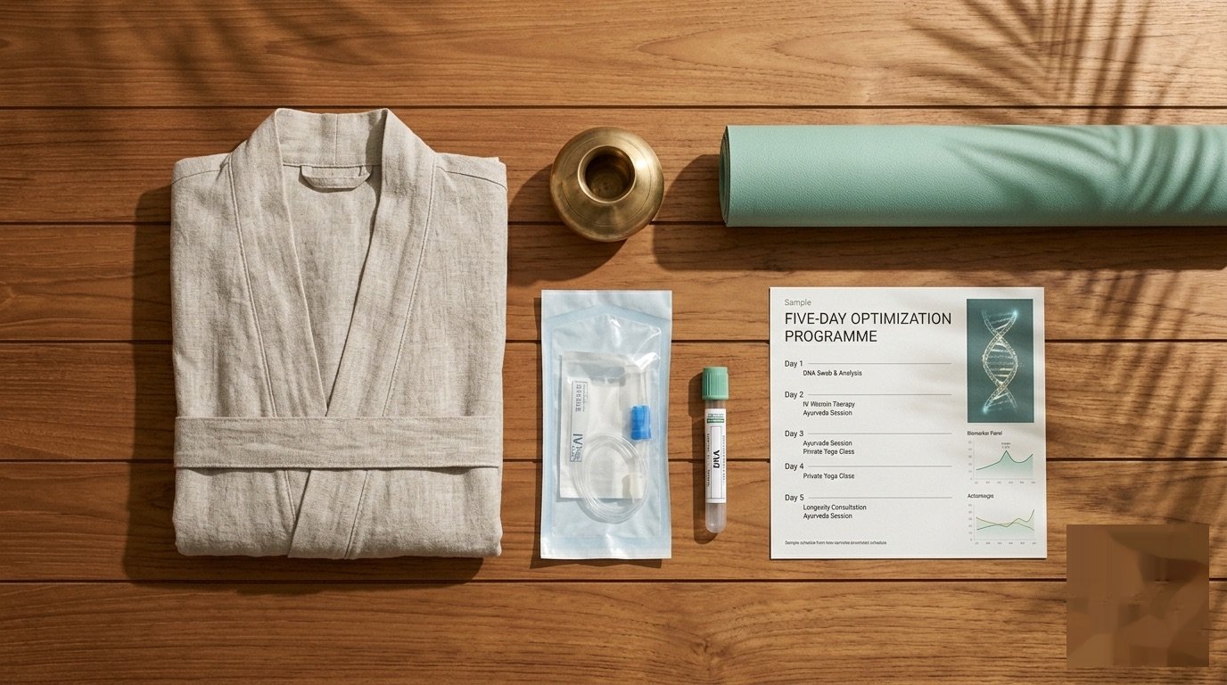 Five-day programme flat-lay — robe, IV kit, DNA tube, yoga mat and daily schedule