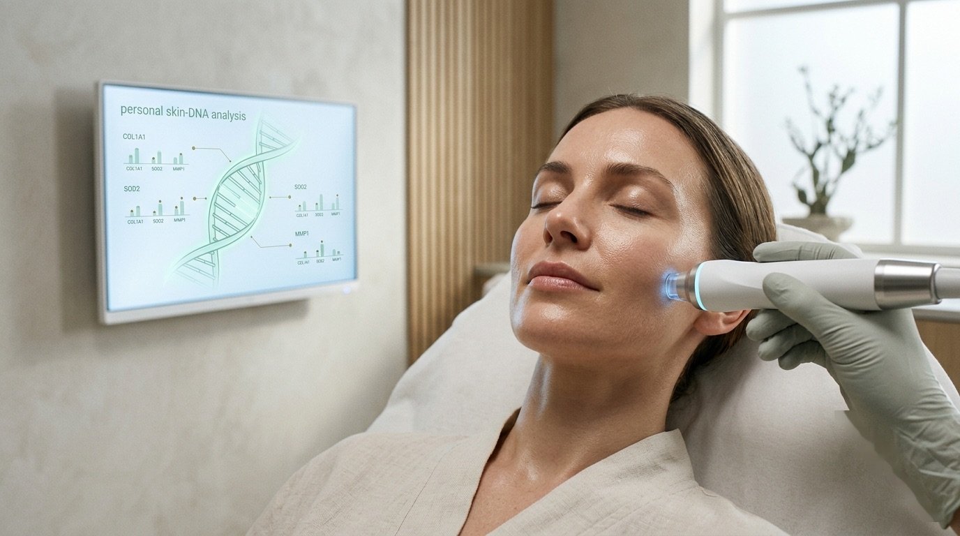 A patient receives a skin treatment with personal skin-DNA analysis on a nearby display